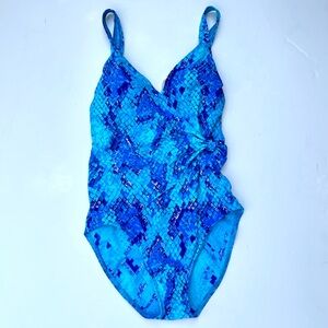 Baltex OnePiece Swimsuit Vintage Blue Geometric Ruched size10 like new condition